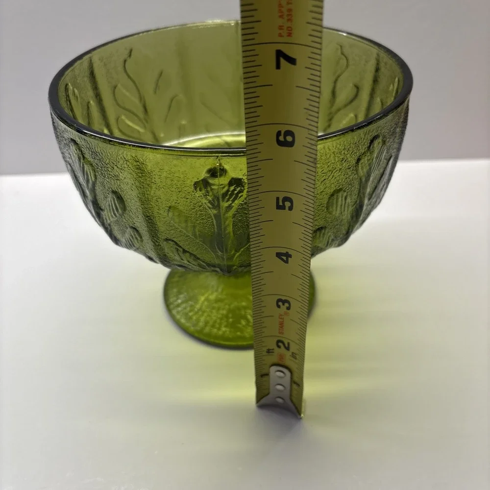 Vintage Avocado Green Glass Compote Bowl Embossed Leaf Pedestal Dish 7 Inch